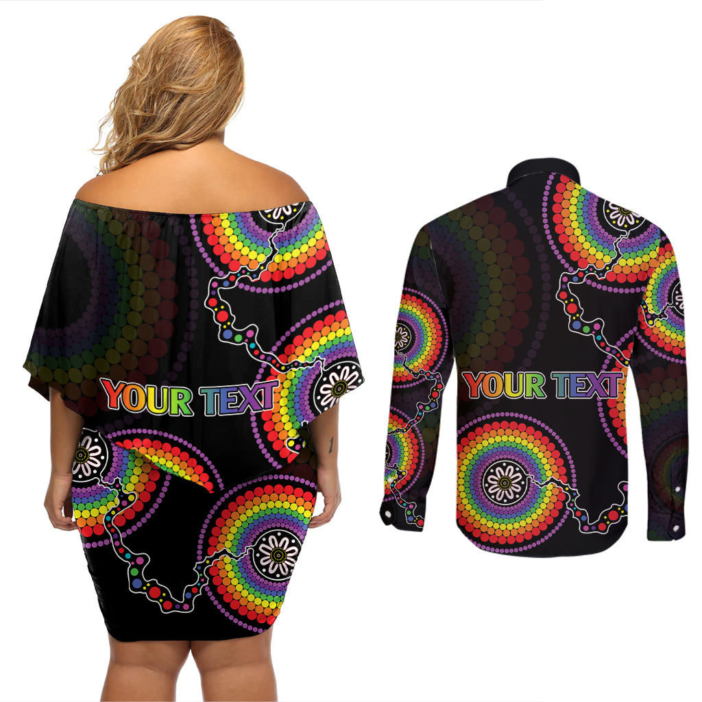 personalised-australia-lgbt-couples-matching-off-shoulder-short-dress-and-long-sleeve-button-shirts-be-you-do-you-celebrate-you-aboriginal-style