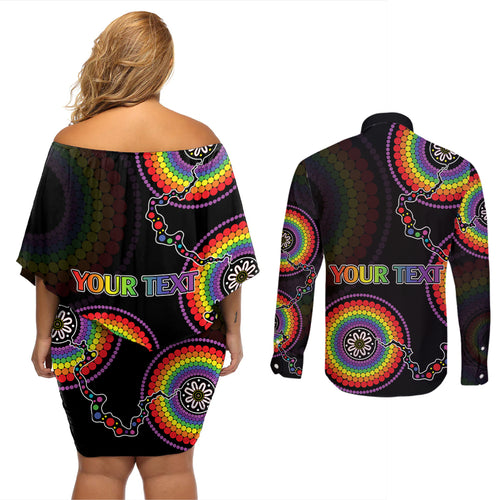 personalised-australia-lgbt-couples-matching-off-shoulder-short-dress-and-long-sleeve-button-shirts-be-you-do-you-celebrate-you-aboriginal-style