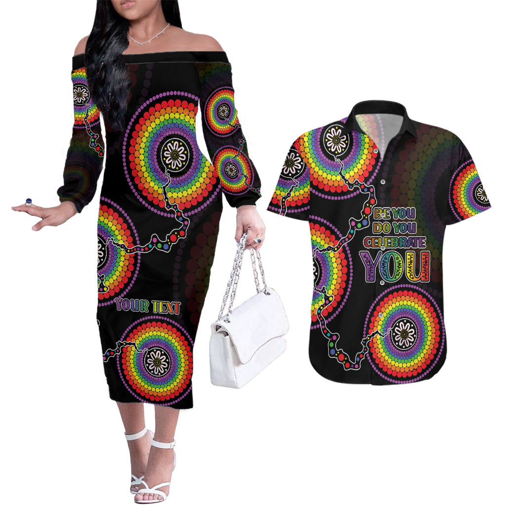 personalised-australia-lgbt-couples-matching-off-the-shoulder-long-sleeve-dress-and-hawaiian-shirt-be-you-do-you-celebrate-you-aboriginal-style