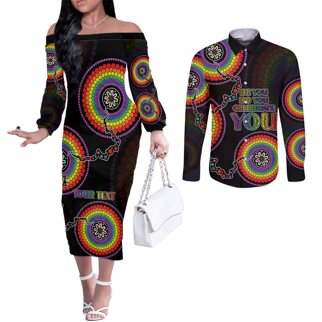 personalised-australia-lgbt-couples-matching-off-the-shoulder-long-sleeve-dress-and-long-sleeve-button-shirts-be-you-do-you-celebrate-you-aboriginal-style