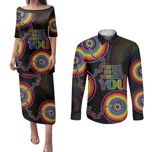 personalised-australia-lgbt-couples-matching-puletasi-dress-and-long-sleeve-button-shirts-be-you-do-you-celebrate-you-aboriginal-style