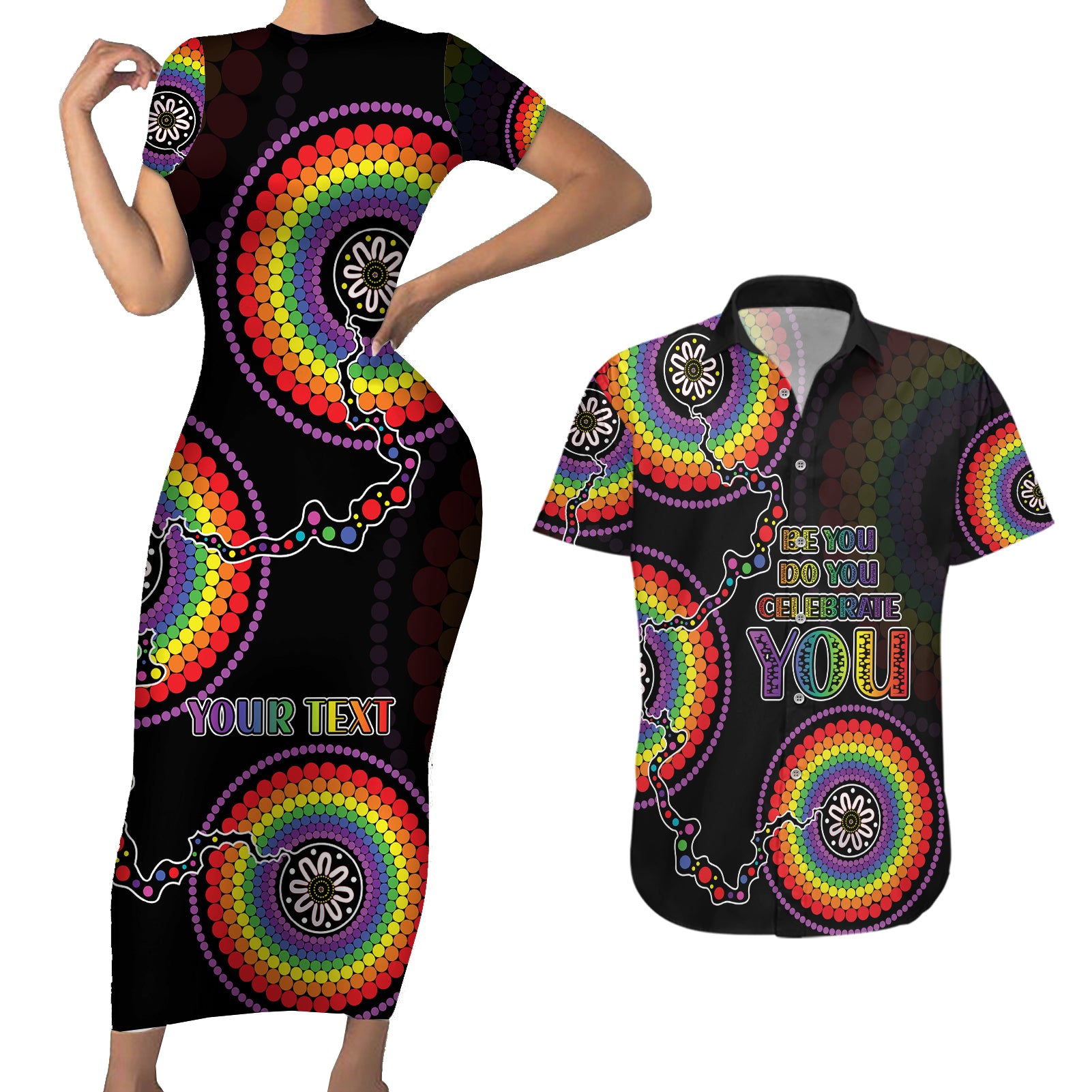 personalised-australia-lgbt-couples-matching-short-sleeve-bodycon-dress-and-hawaiian-shirt-be-you-do-you-celebrate-you-aboriginal-style