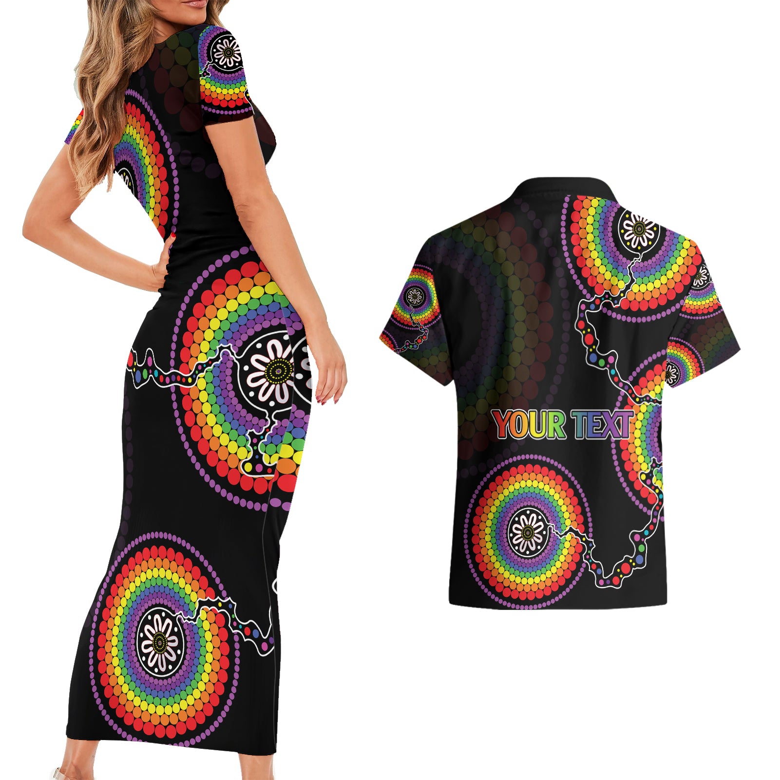 personalised-australia-lgbt-couples-matching-short-sleeve-bodycon-dress-and-hawaiian-shirt-be-you-do-you-celebrate-you-aboriginal-style