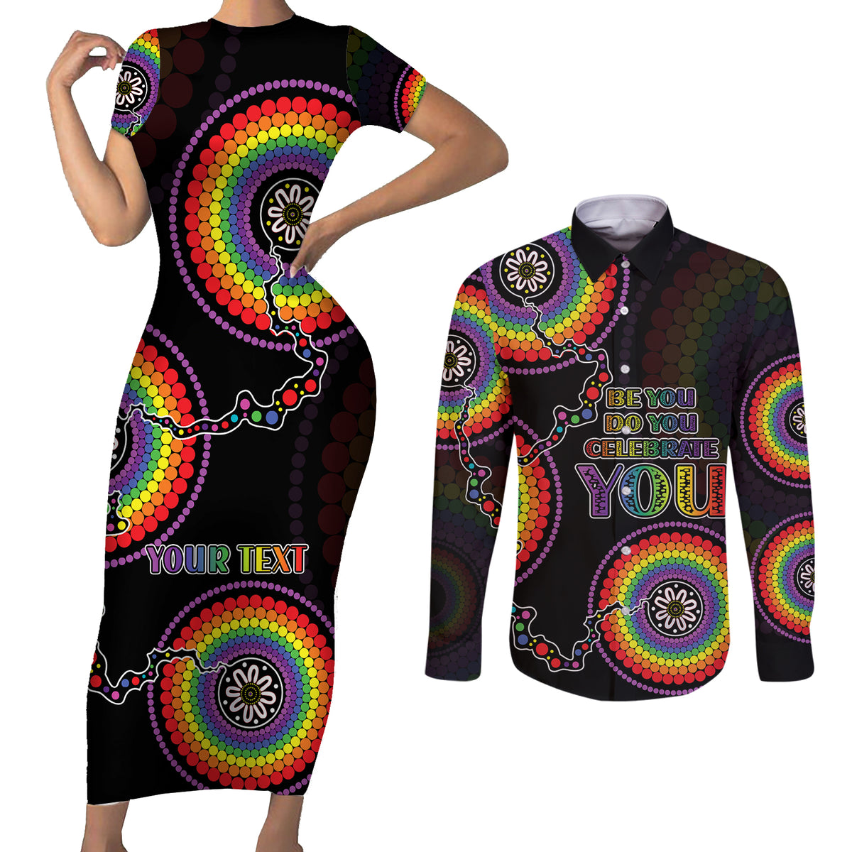 personalised-australia-lgbt-couples-matching-short-sleeve-bodycon-dress-and-long-sleeve-button-shirts-be-you-do-you-celebrate-you-aboriginal-style