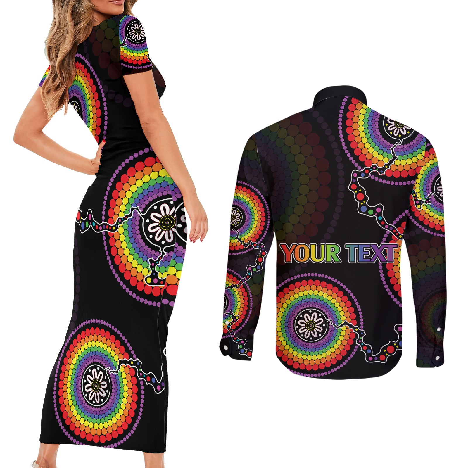 personalised-australia-lgbt-couples-matching-short-sleeve-bodycon-dress-and-long-sleeve-button-shirts-be-you-do-you-celebrate-you-aboriginal-style
