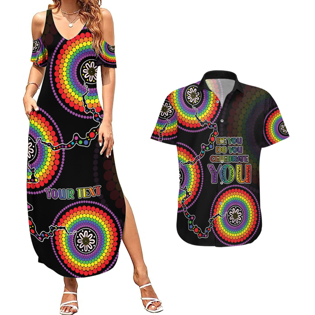 personalised-australia-lgbt-couples-matching-summer-maxi-dress-and-hawaiian-shirt-be-you-do-you-celebrate-you-aboriginal-style