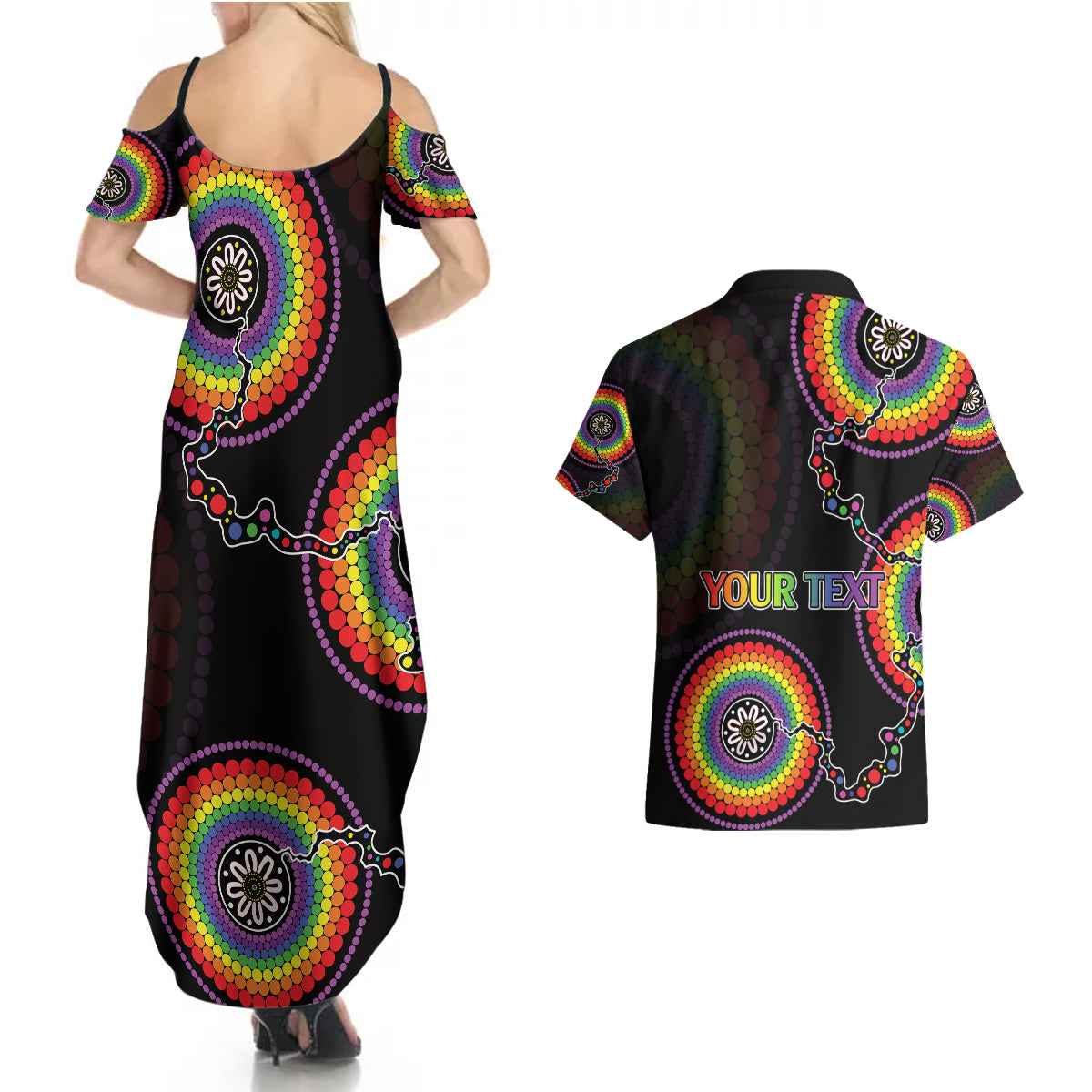 personalised-australia-lgbt-couples-matching-summer-maxi-dress-and-hawaiian-shirt-be-you-do-you-celebrate-you-aboriginal-style