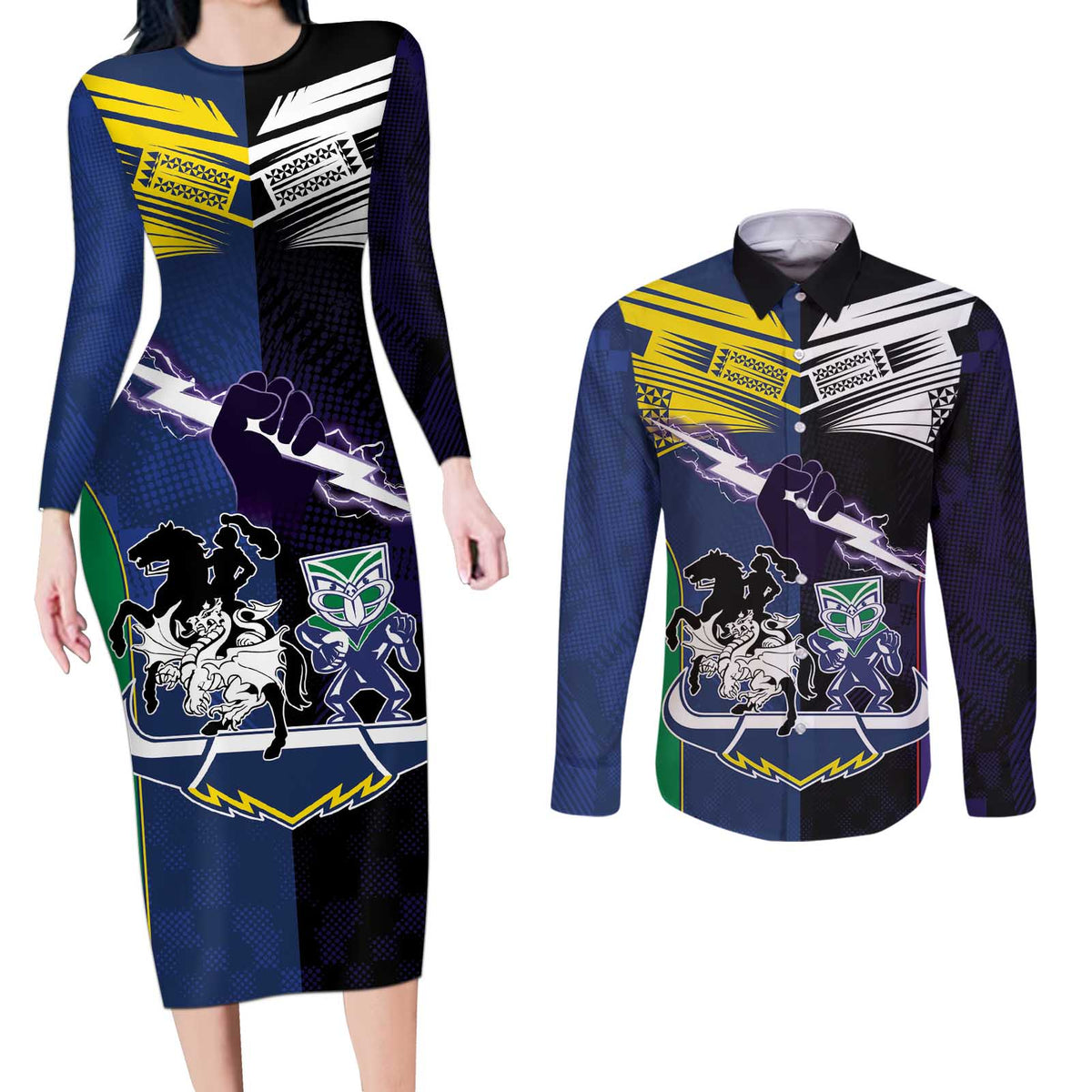 Custom Dragons-Cowboys Combine Storm-Warriors Couples Matching Long Sleeve Bodycon Dress and Long Sleeve Button Shirt Sport Style Version 01