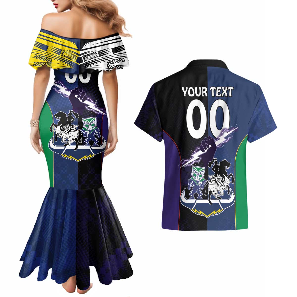 Custom Dragons-Cowboys Combine Storm-Warriors Couples Matching Mermaid Dress and Hawaiian Shirt Sport Style Version 01