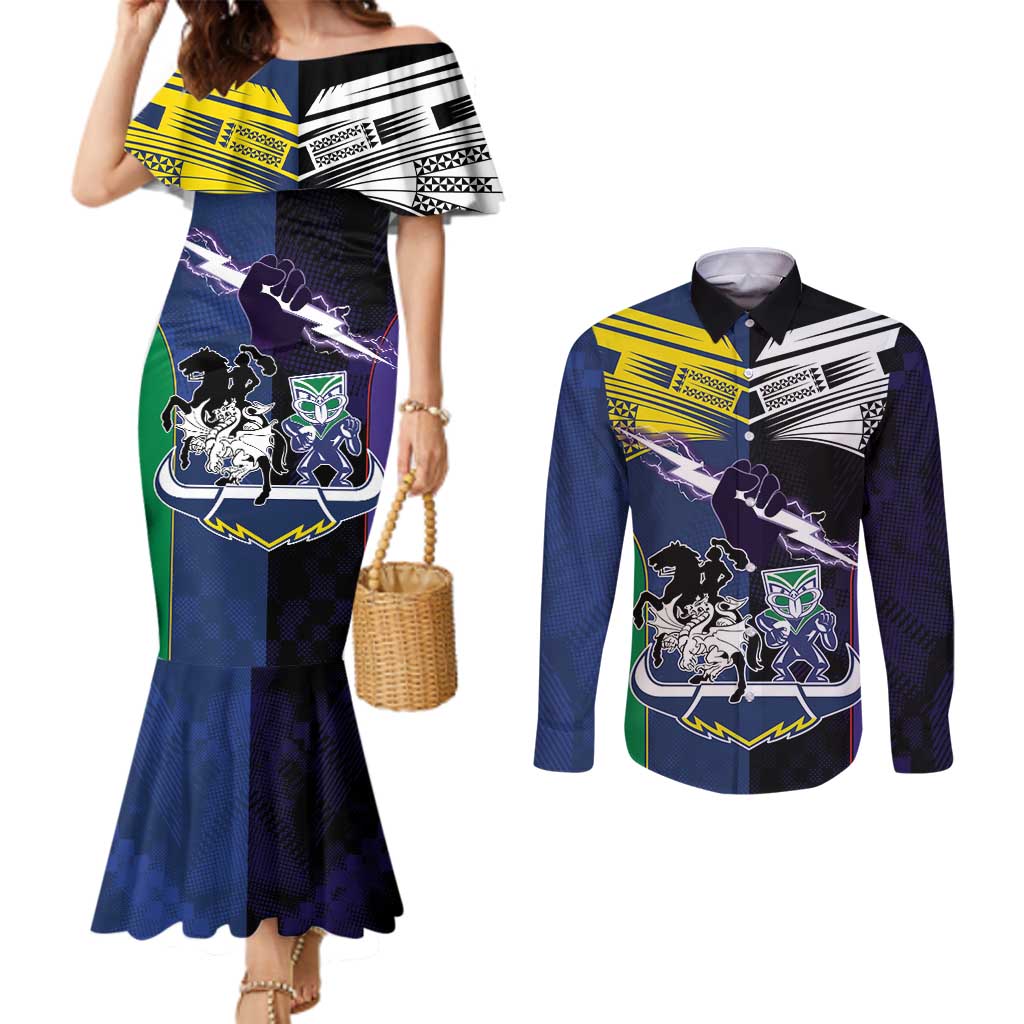 Custom Dragons-Cowboys Combine Storm-Warriors Couples Matching Mermaid Dress and Long Sleeve Button Shirt Sport Style Version 01