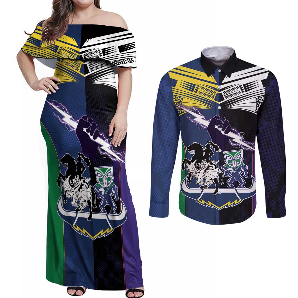 Custom Dragons-Cowboys Combine Storm-Warriors Couples Matching Off Shoulder Maxi Dress and Long Sleeve Button Shirt Sport Style Version 01