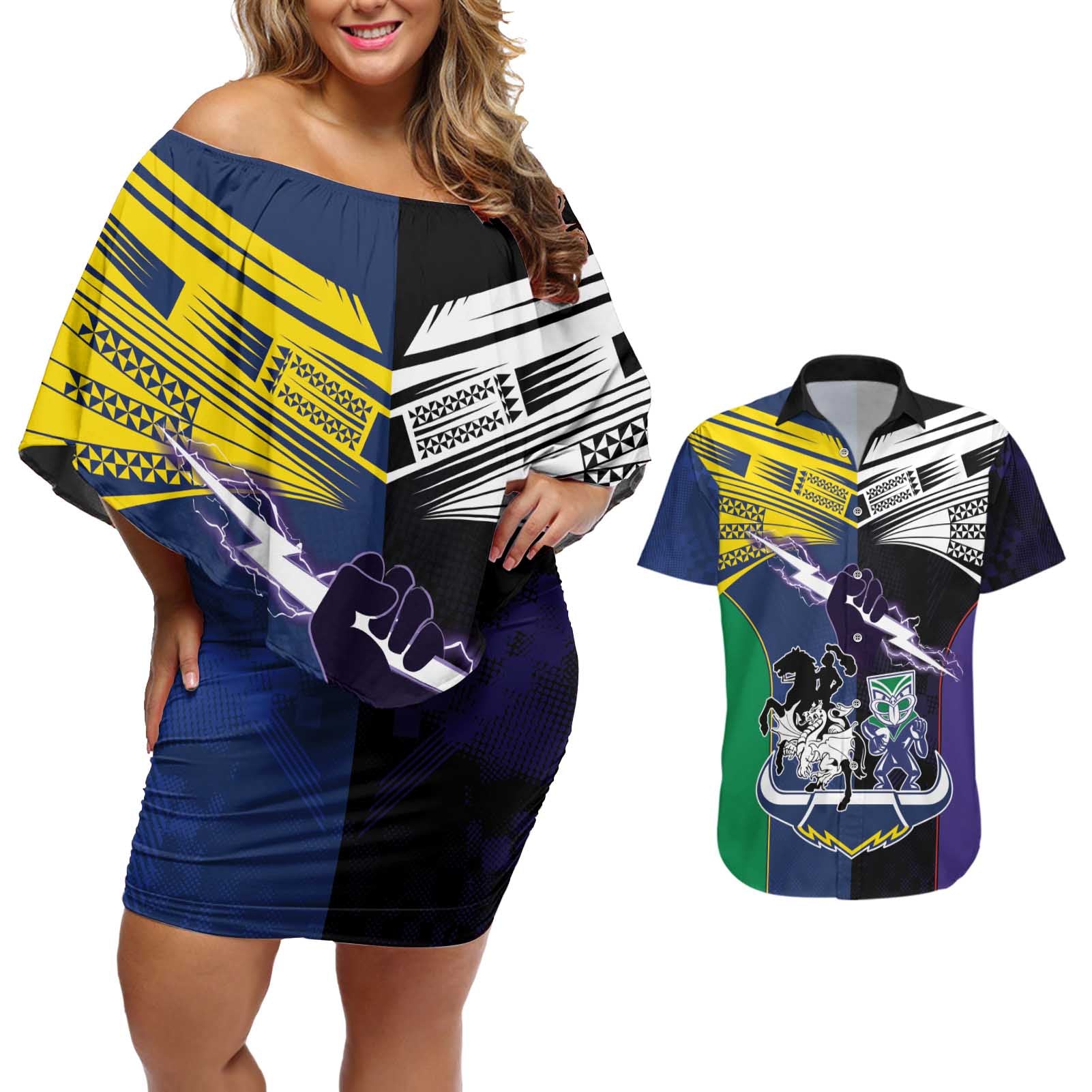 Custom Dragons-Cowboys Combine Storm-Warriors Couples Matching Off Shoulder Short Dress and Hawaiian Shirt Sport Style Version 01