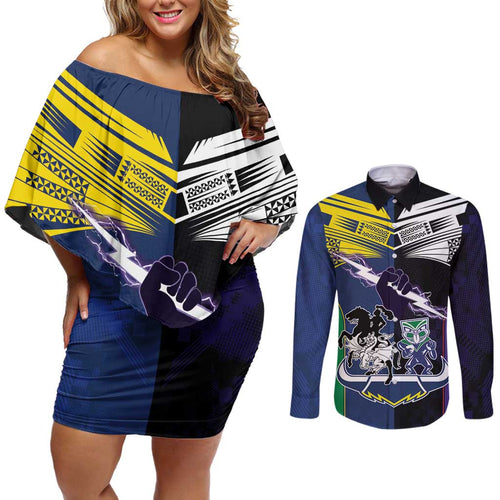 Custom Dragons-Cowboys Combine Storm-Warriors Couples Matching Off Shoulder Short Dress and Long Sleeve Button Shirt Sport Style Version 01