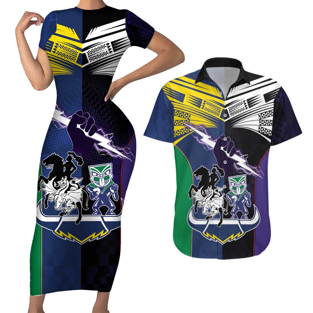 Custom Dragons-Cowboys Combine Storm-Warriors Couples Matching Short Sleeve Bodycon Dress and Hawaiian Shirt Sport Style Version 01
