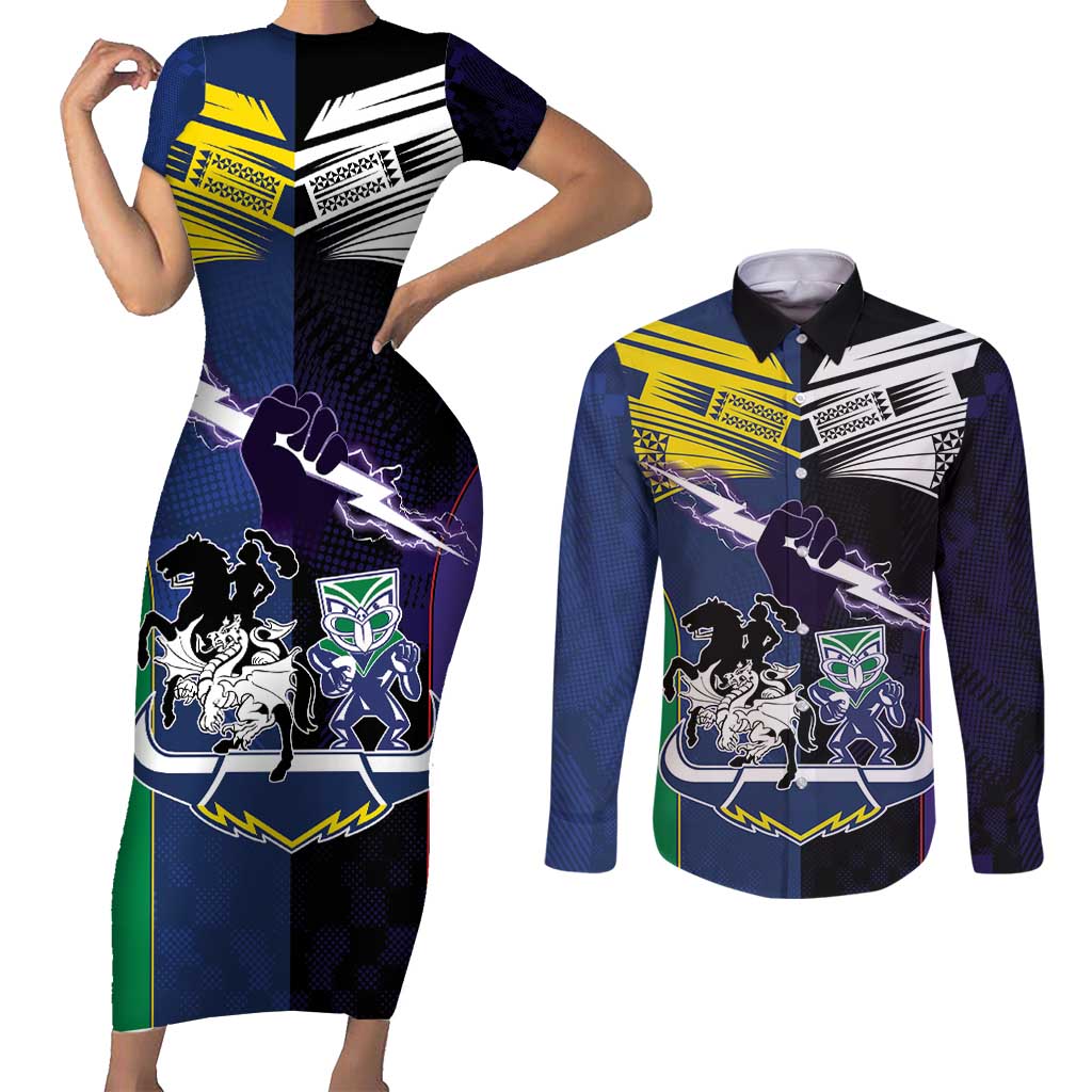 Custom Dragons-Cowboys Combine Storm-Warriors Couples Matching Short Sleeve Bodycon Dress and Long Sleeve Button Shirt Sport Style Version 01
