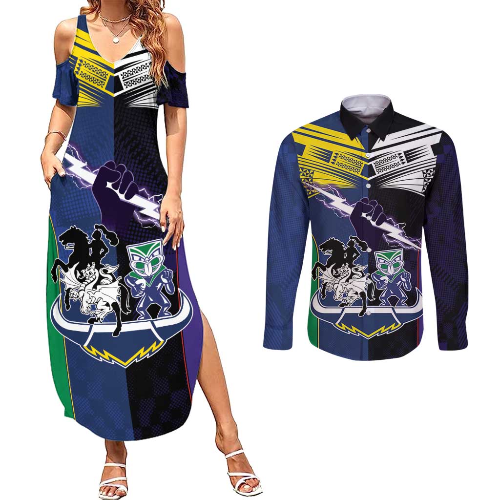 Custom Dragons-Cowboys Combine Storm-Warriors Couples Matching Summer Maxi Dress and Long Sleeve Button Shirt Sport Style Version 01