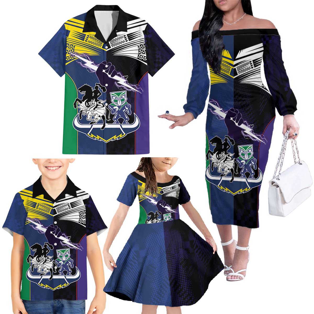 Custom Dragons-Cowboys Combine Storm-Warriors Family Matching Off The Shoulder Long Sleeve Dress and Hawaiian Shirt Sport Style Version 01