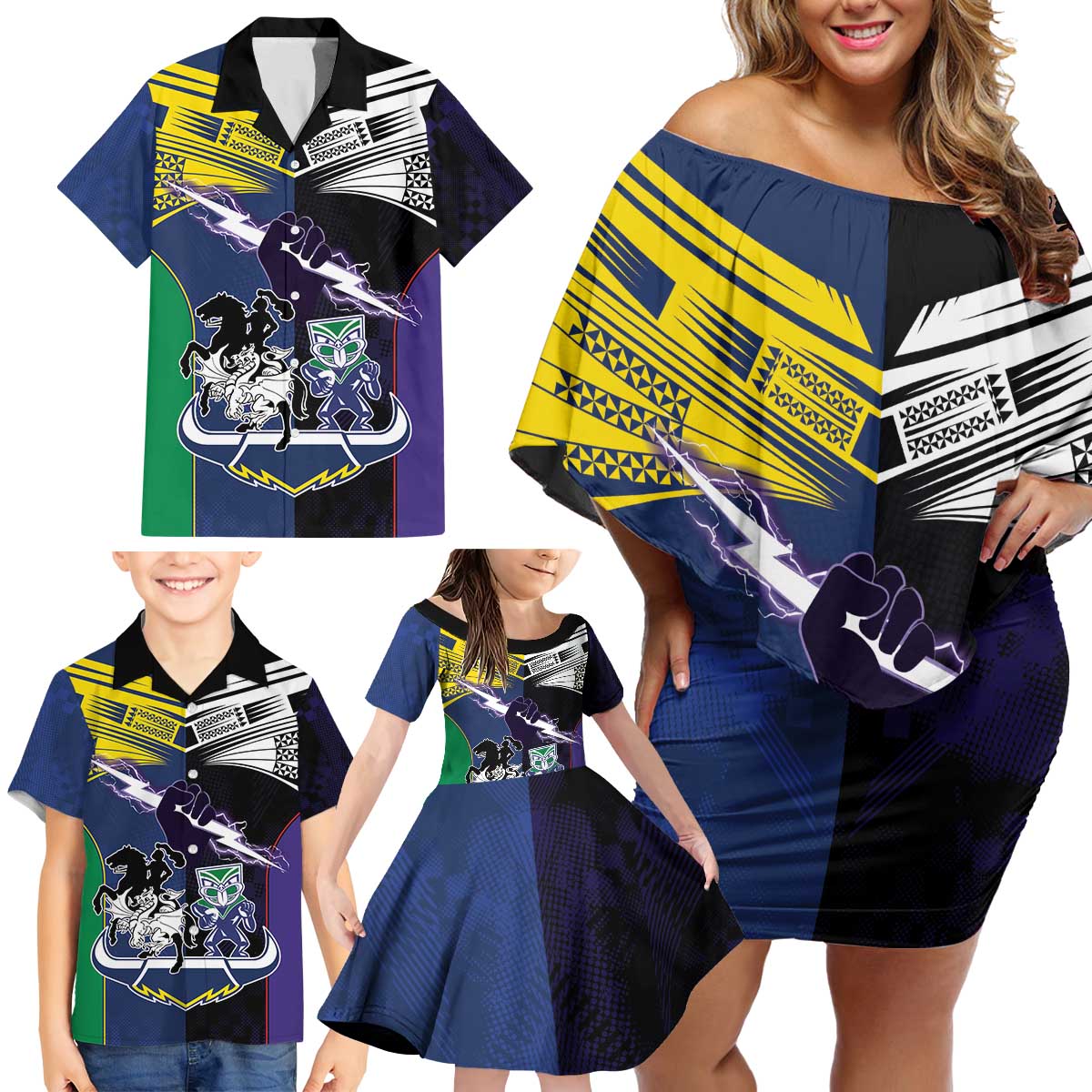 Custom Dragons-Cowboys Combine Storm-Warriors Family Matching Off Shoulder Short Dress and Hawaiian Shirt Sport Style Version 01