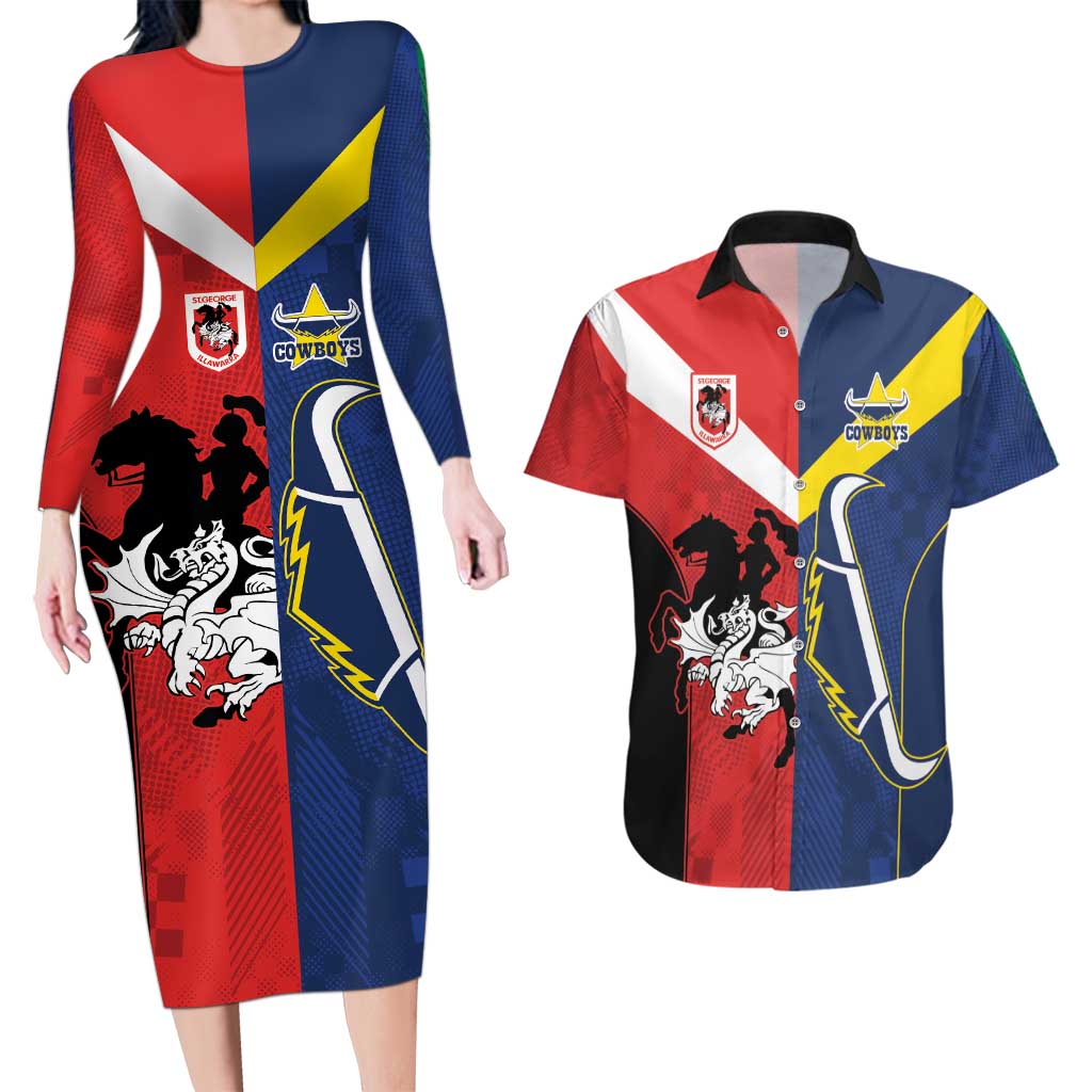 Custom Dragons-Cowboys Combine Storm-Warriors Couples Matching Long Sleeve Bodycon Dress and Hawaiian Shirt Sport Style Version 02
