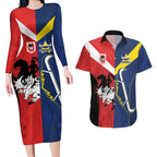 Custom Dragons-Cowboys Combine Storm-Warriors Couples Matching Long Sleeve Bodycon Dress and Hawaiian Shirt Sport Style Version 02