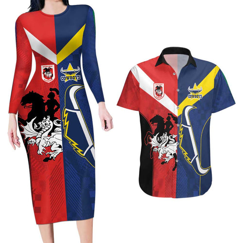 Custom Dragons-Cowboys Combine Storm-Warriors Couples Matching Long Sleeve Bodycon Dress and Hawaiian Shirt Sport Style Version 02