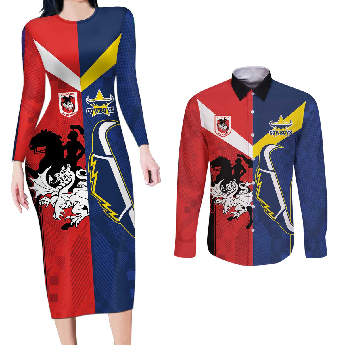 Custom Dragons-Cowboys Combine Storm-Warriors Couples Matching Long Sleeve Bodycon Dress and Long Sleeve Button Shirt Sport Style Version 02