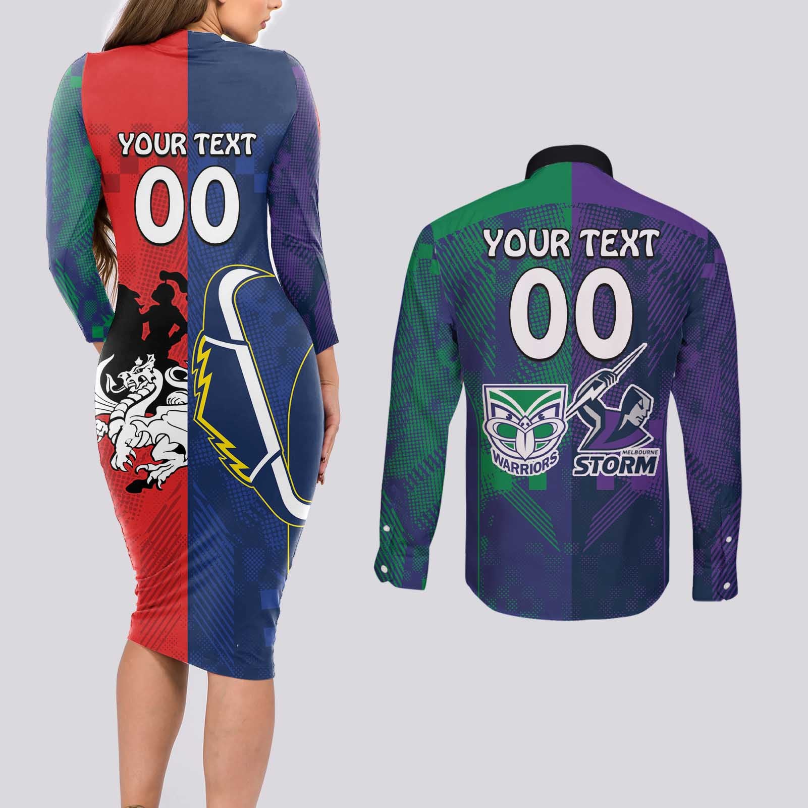 Custom Dragons-Cowboys Combine Storm-Warriors Couples Matching Long Sleeve Bodycon Dress and Long Sleeve Button Shirt Sport Style Version 02