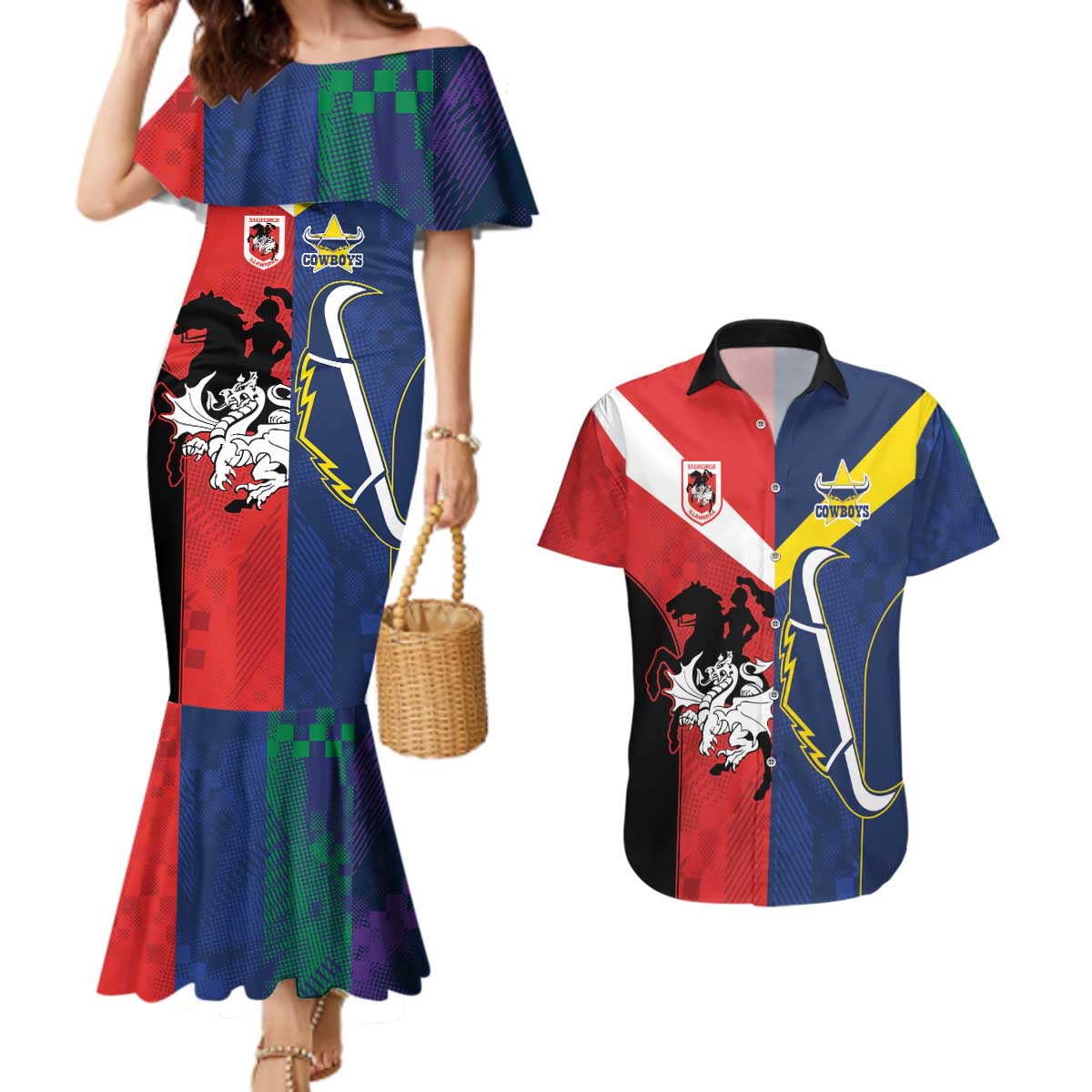 Custom Dragons-Cowboys Combine Storm-Warriors Couples Matching Mermaid Dress and Hawaiian Shirt Sport Style Version 02