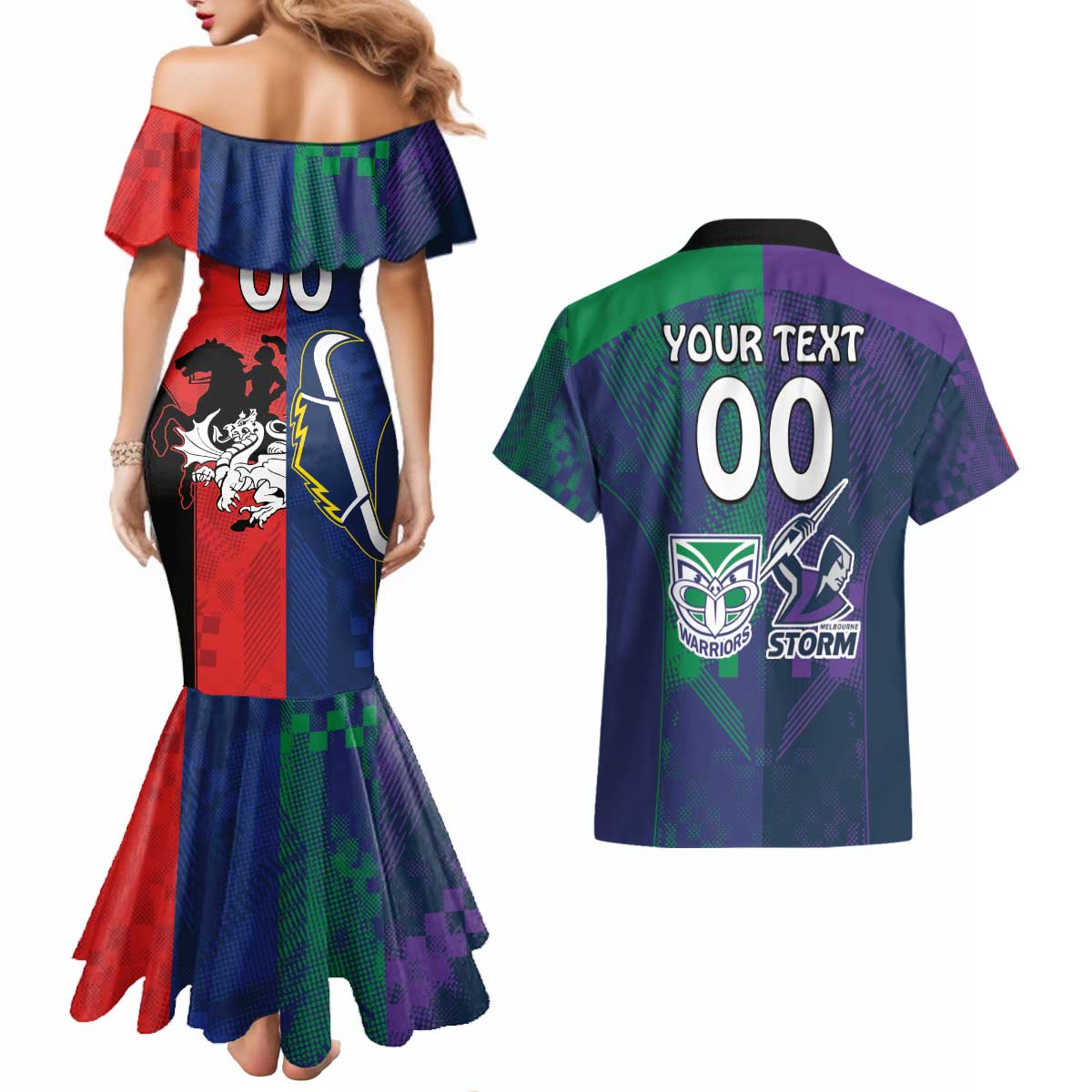 Custom Dragons-Cowboys Combine Storm-Warriors Couples Matching Mermaid Dress and Hawaiian Shirt Sport Style Version 02
