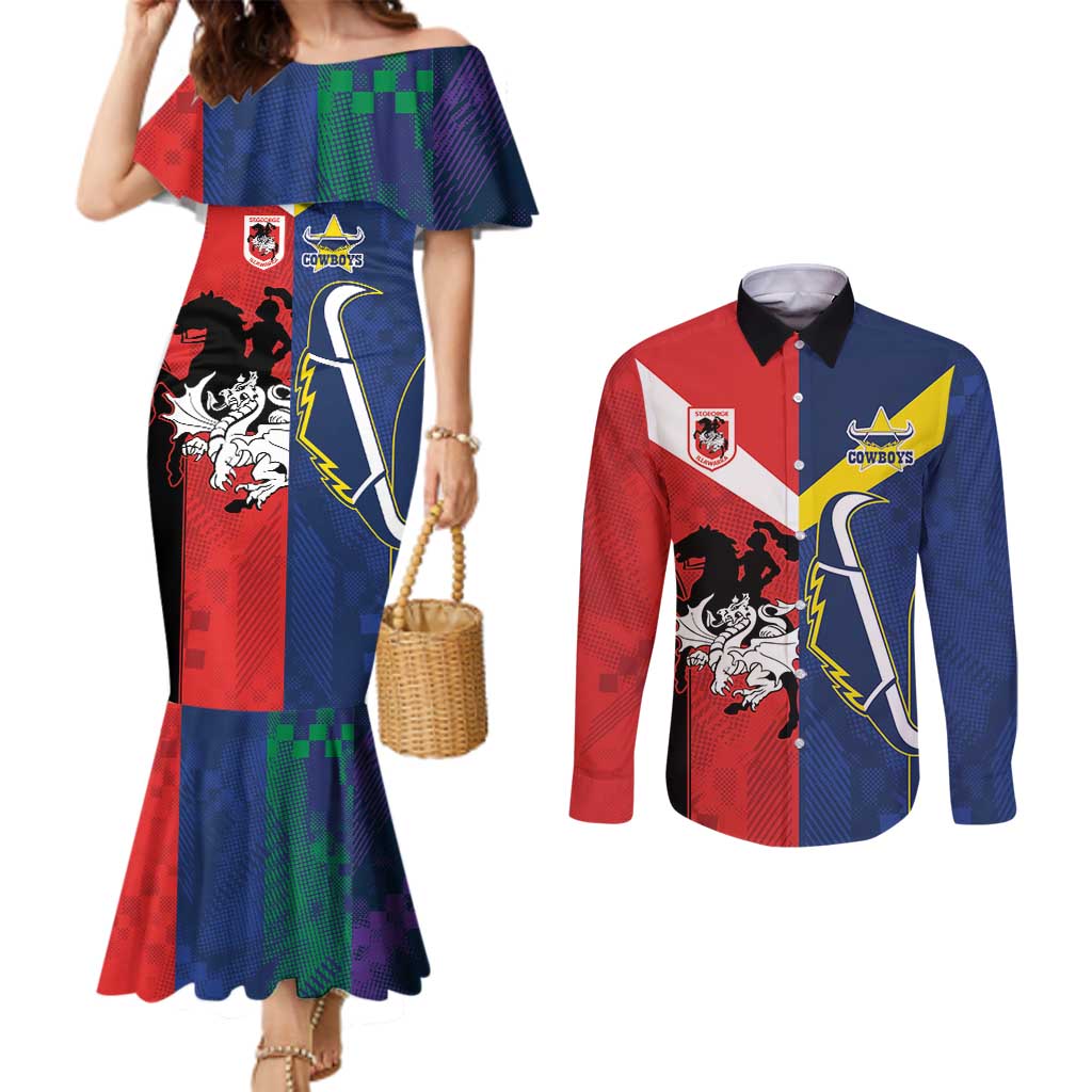 Custom Dragons-Cowboys Combine Storm-Warriors Couples Matching Mermaid Dress and Long Sleeve Button Shirt Sport Style Version 02