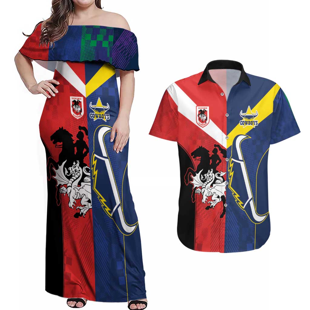 Custom Dragons-Cowboys Combine Storm-Warriors Couples Matching Off Shoulder Maxi Dress and Hawaiian Shirt Sport Style Version 02