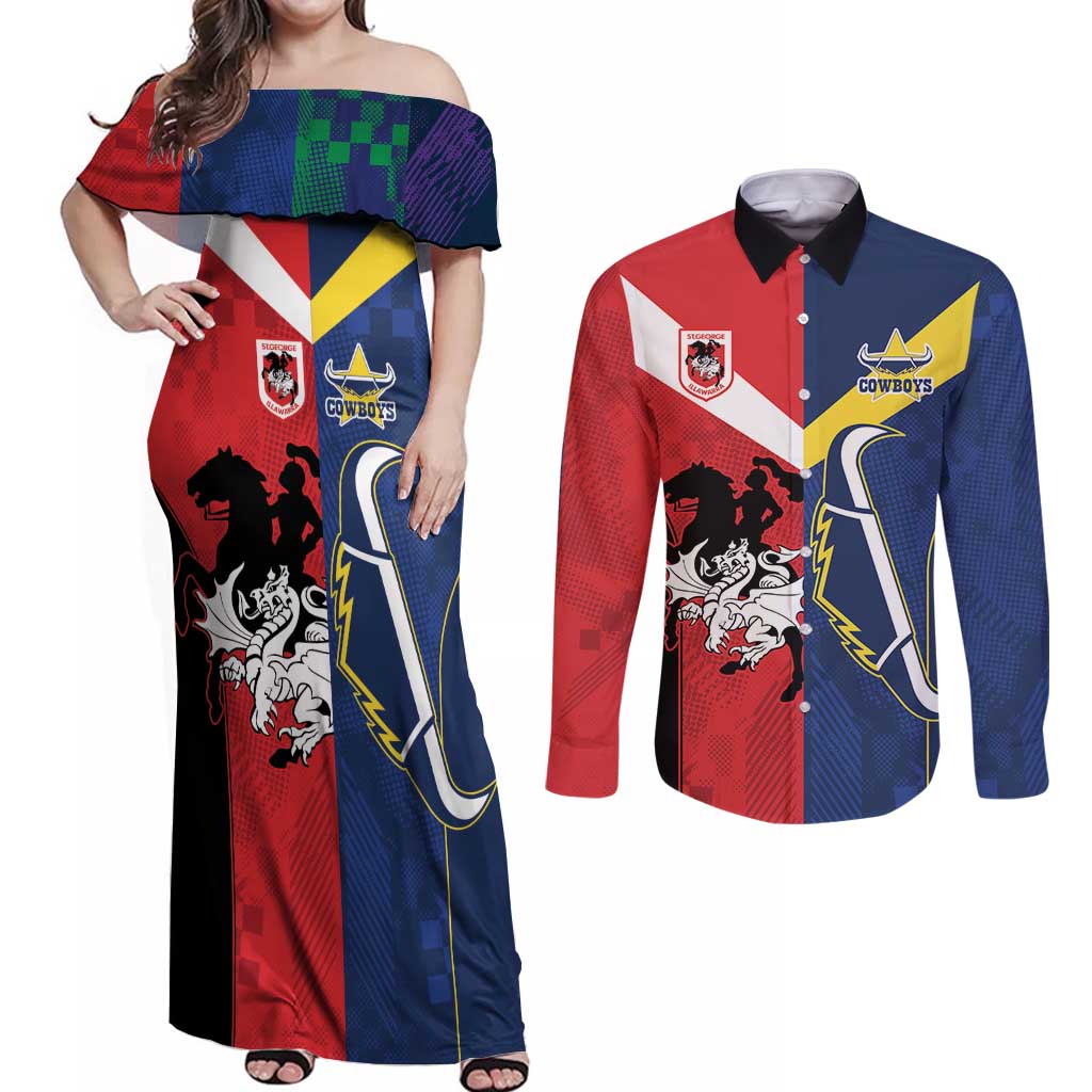 Custom Dragons-Cowboys Combine Storm-Warriors Couples Matching Off Shoulder Maxi Dress and Long Sleeve Button Shirt Sport Style Version 02