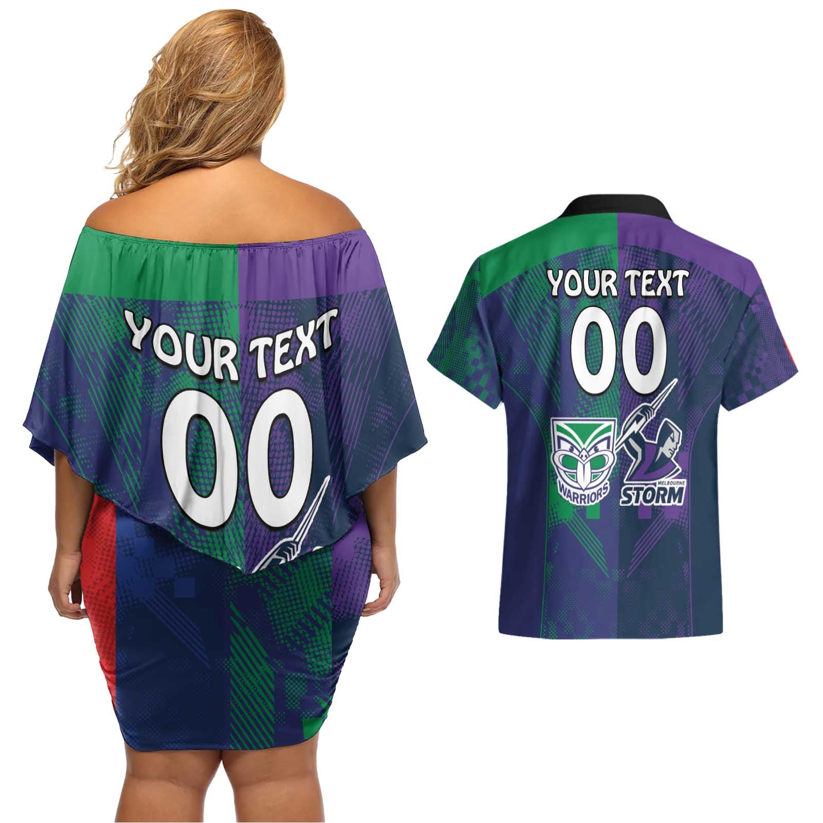 Custom Dragons-Cowboys Combine Storm-Warriors Couples Matching Off Shoulder Short Dress and Hawaiian Shirt Sport Style Version 02