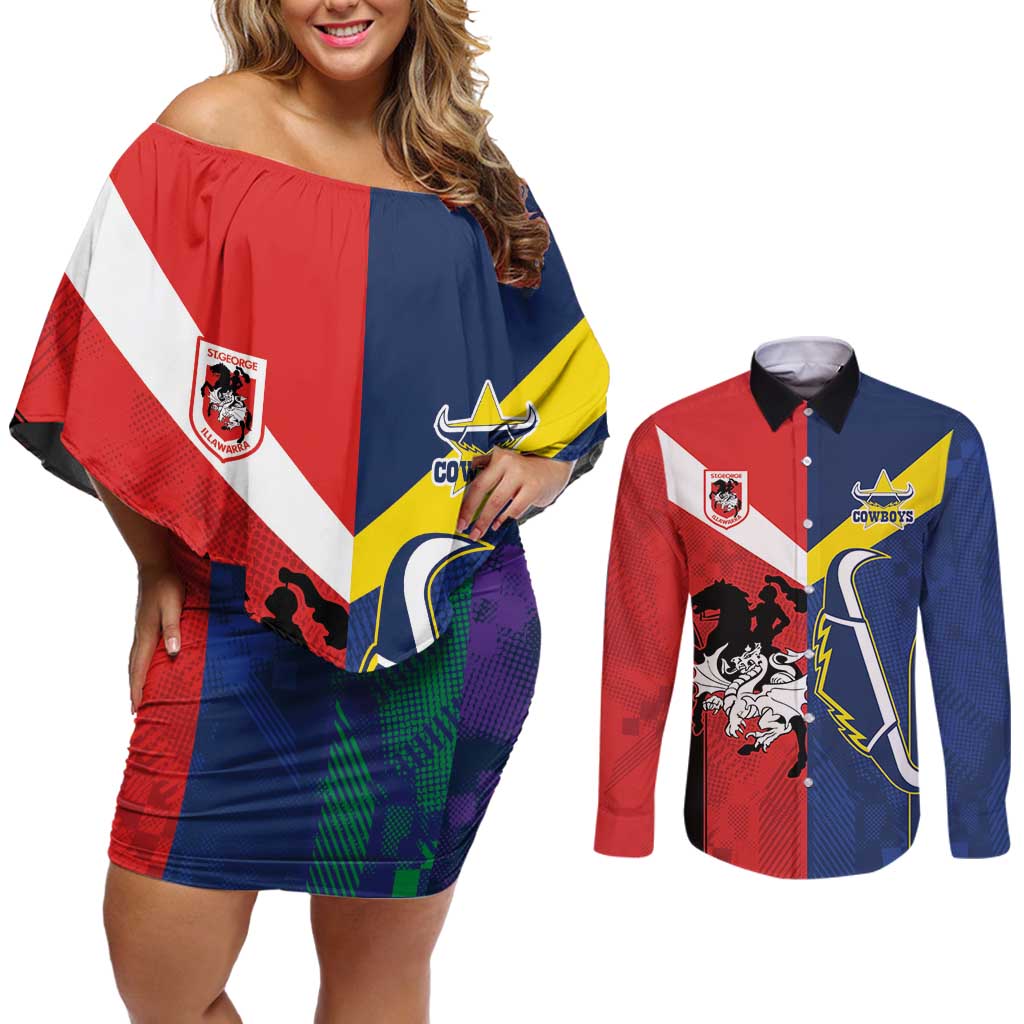 Custom Dragons-Cowboys Combine Storm-Warriors Couples Matching Off Shoulder Short Dress and Long Sleeve Button Shirt Sport Style Version 02