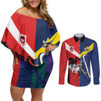 Custom Dragons-Cowboys Combine Storm-Warriors Couples Matching Off Shoulder Short Dress and Long Sleeve Button Shirt Sport Style Version 02
