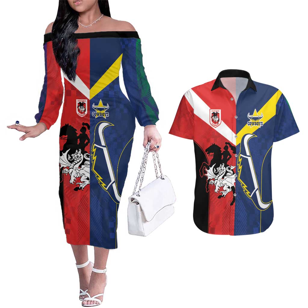 Custom Dragons-Cowboys Combine Storm-Warriors Couples Matching Off The Shoulder Long Sleeve Dress and Hawaiian Shirt Sport Style Version 02