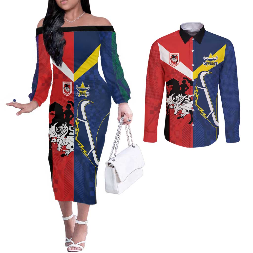 Custom Dragons-Cowboys Combine Storm-Warriors Couples Matching Off The Shoulder Long Sleeve Dress and Long Sleeve Button Shirt Sport Style Version 02