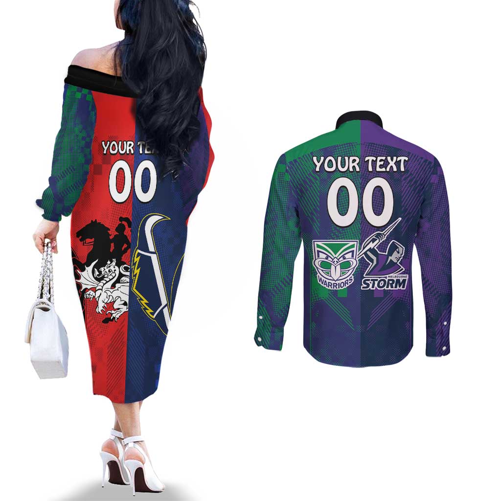 Custom Dragons-Cowboys Combine Storm-Warriors Couples Matching Off The Shoulder Long Sleeve Dress and Long Sleeve Button Shirt Sport Style Version 02