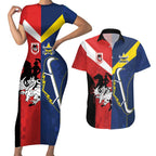 Custom Dragons-Cowboys Combine Storm-Warriors Couples Matching Short Sleeve Bodycon Dress and Hawaiian Shirt Sport Style Version 02
