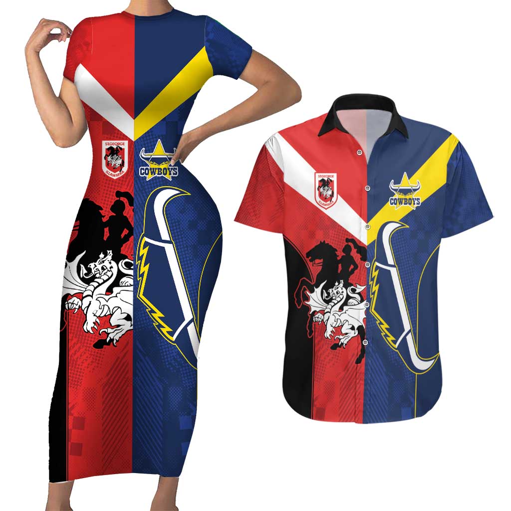 Custom Dragons-Cowboys Combine Storm-Warriors Couples Matching Short Sleeve Bodycon Dress and Hawaiian Shirt Sport Style Version 02