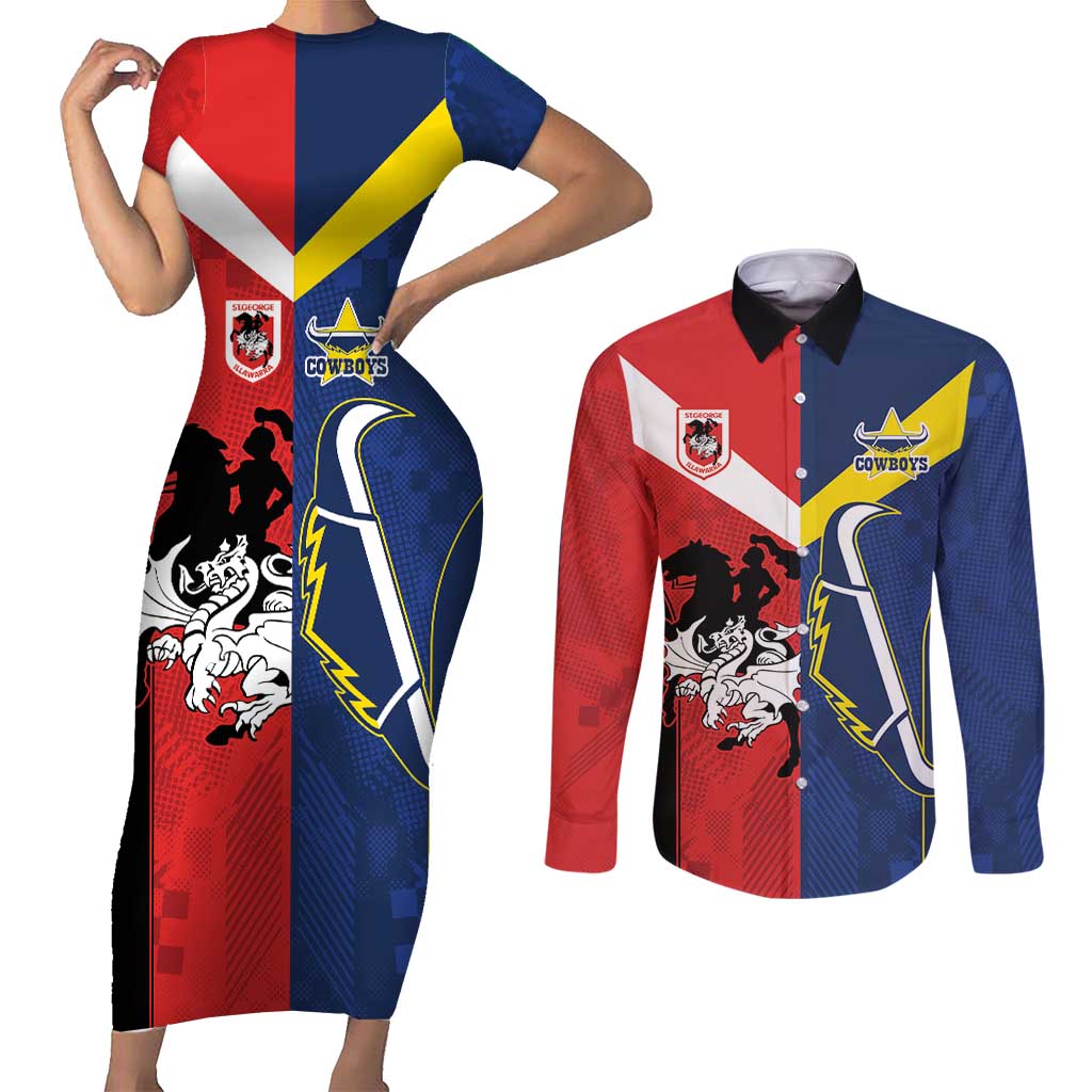 Custom Dragons-Cowboys Combine Storm-Warriors Couples Matching Short Sleeve Bodycon Dress and Long Sleeve Button Shirt Sport Style Version 02
