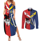 Custom Dragons-Cowboys Combine Storm-Warriors Couples Matching Summer Maxi Dress and Long Sleeve Button Shirt Sport Style Version 02