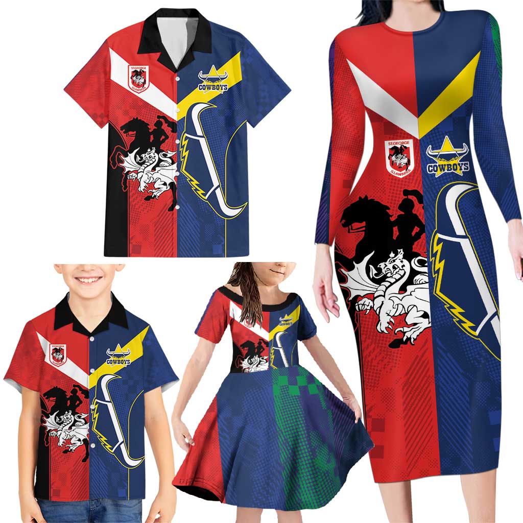 Custom Dragons-Cowboys Combine Storm-Warriors Family Matching Long Sleeve Bodycon Dress and Hawaiian Shirt Sport Style Version 02