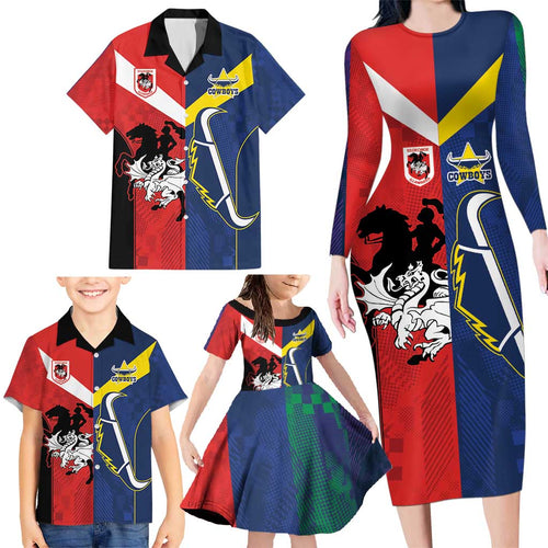 Custom Dragons-Cowboys Combine Storm-Warriors Family Matching Long Sleeve Bodycon Dress and Hawaiian Shirt Sport Style Version 02
