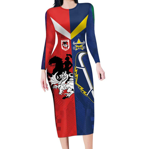 Custom Dragons-Cowboys Combine Storm-Warriors Family Matching Long Sleeve Bodycon Dress and Hawaiian Shirt Sport Style Version 02