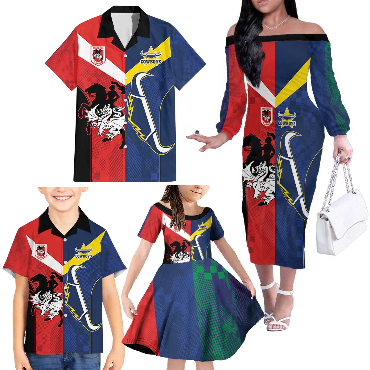Custom Dragons-Cowboys Combine Storm-Warriors Family Matching Off The Shoulder Long Sleeve Dress and Hawaiian Shirt Sport Style Version 02