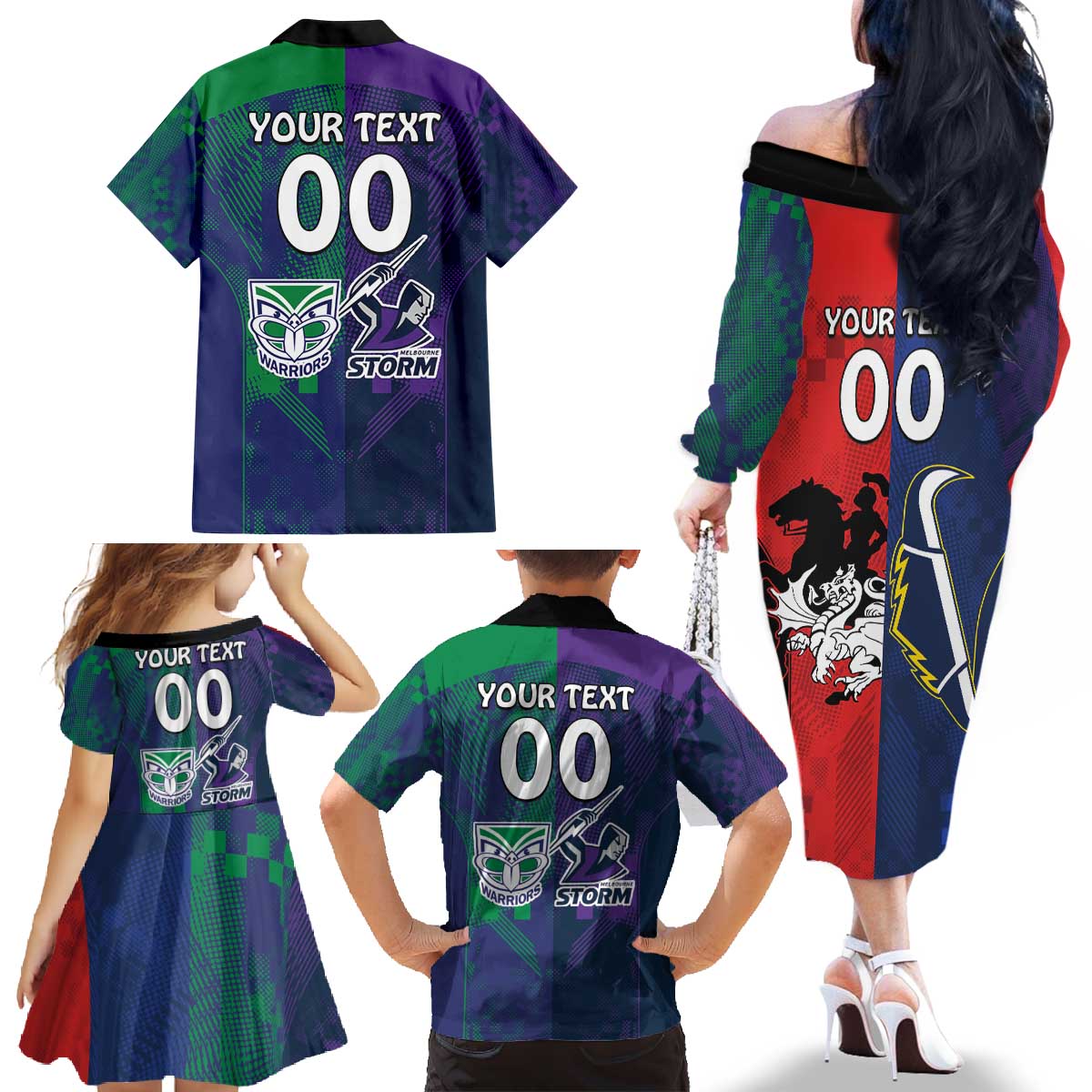 Custom Dragons-Cowboys Combine Storm-Warriors Family Matching Off The Shoulder Long Sleeve Dress and Hawaiian Shirt Sport Style Version 02