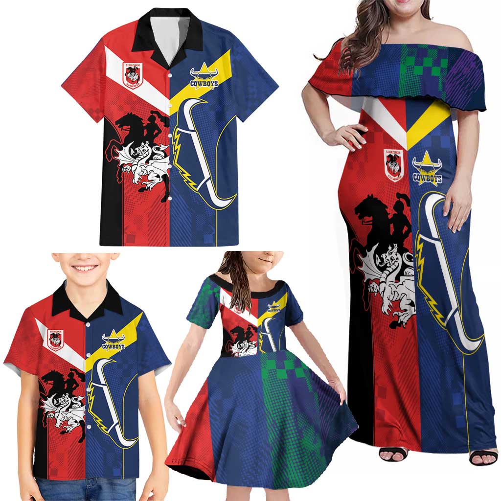 Custom Dragons-Cowboys Combine Storm-Warriors Family Matching Off Shoulder Maxi Dress and Hawaiian Shirt Sport Style Version 02
