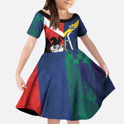 Custom Dragons-Cowboys Combine Storm-Warriors Family Matching Off Shoulder Maxi Dress and Hawaiian Shirt Sport Style Version 02