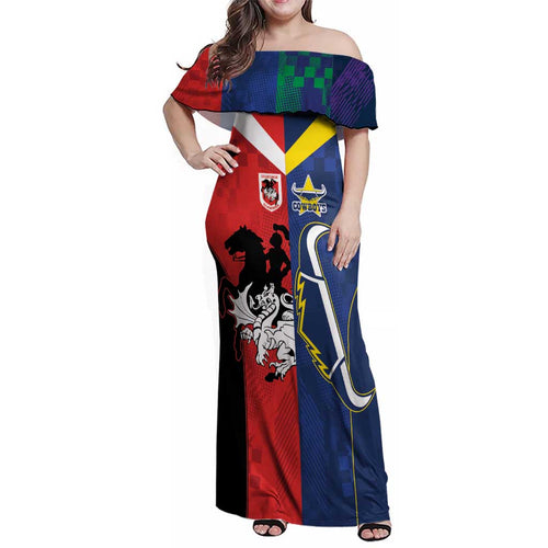 Custom Dragons-Cowboys Combine Storm-Warriors Family Matching Off Shoulder Maxi Dress and Hawaiian Shirt Sport Style Version 02